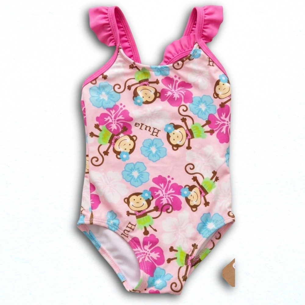 Jumping Beans Toddler Girls Pink Hula Monkey Hibiscus One Piece Swimsuit 3T